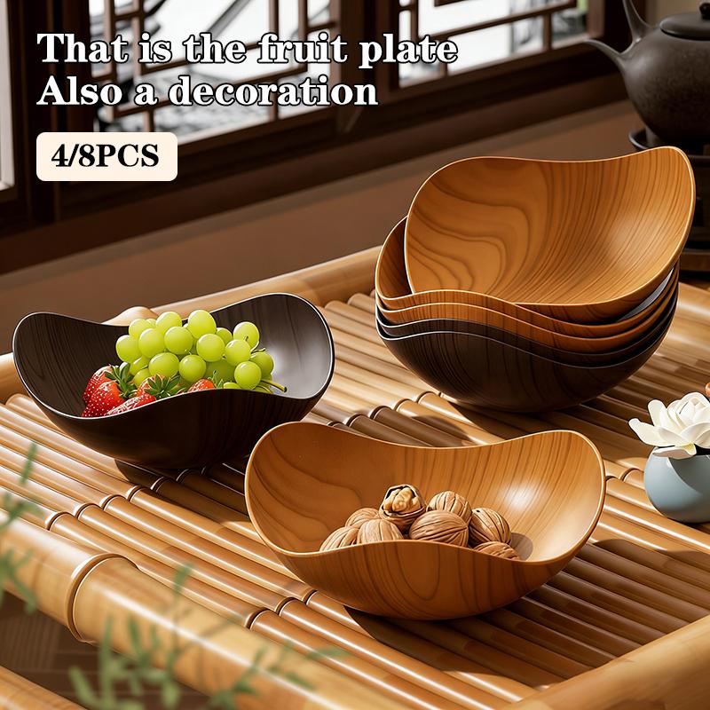 4/8PCS Wood Grain Plastic Bowl - Multifunctional Salad Fruit Candy Container For Party Gathering Table Supplies
