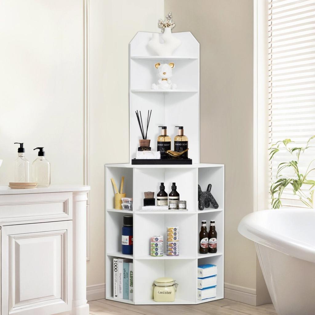 64" Corner Storage Cabinet with Charging Station Adjustable Shelves White