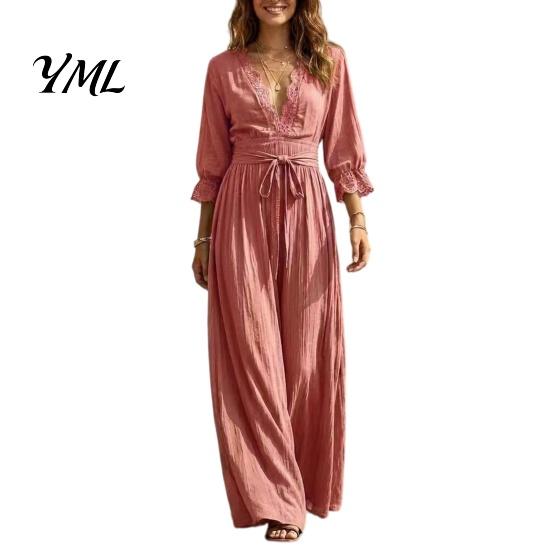 Versatile Commuter Dress Women V-Neck Lace for Fall, 3/4 Sleeves Maxi with V Neck Belt, Solid Color Loose Casual Long Vacation Daily Wear