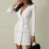 Офисный женский двубортный пиджак с V-образным вырезом и длинными рукавами, облегающее мини-платье