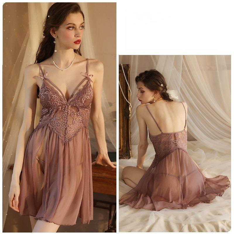 Сексуальный сетчатый кружевной комплект пижамы с глубоким V-образным вырезом, ночная сорочка-топ с разрезом сбоку, комплект из двух предметов для отдыха 311, полный кокетливый комплект для сна с соблазнительным дизайном с разрезом сбоку