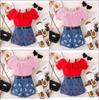 Kids‘ Clothing 2-8Y Summer Girls’ Bubble Short Sleeve Top + Printed Bow Denim Shorts 2pcs