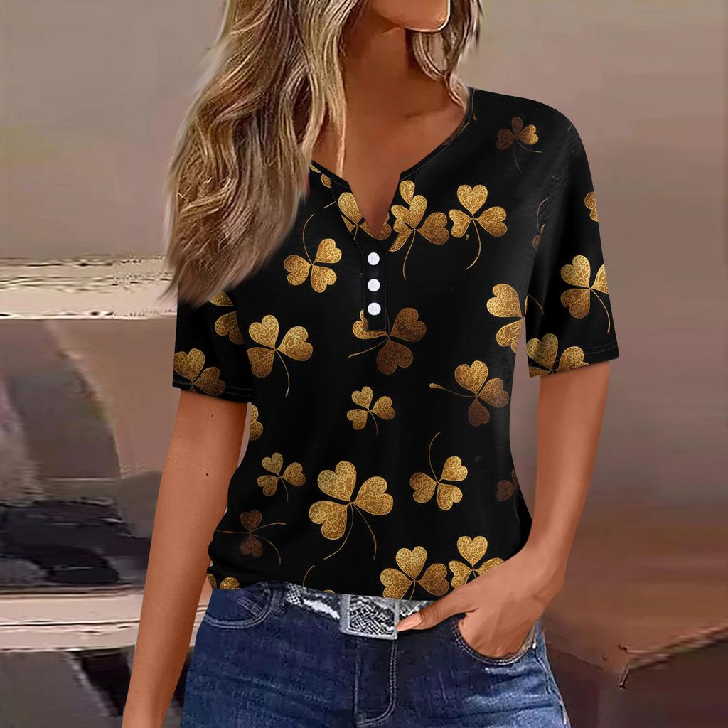 Женская футболка Футболка Принт Пуговица Короткий рукав Повседневная Мода для выходных Базовая V-образный вырез Обычный топ St. День Патрика