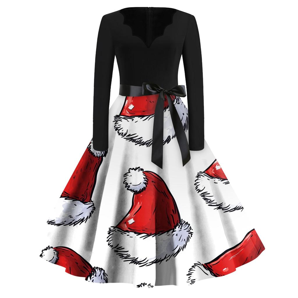 Женские модные повседневные тонкие рождественские платья с длинным рукавом с v-образным вырезом и принтом