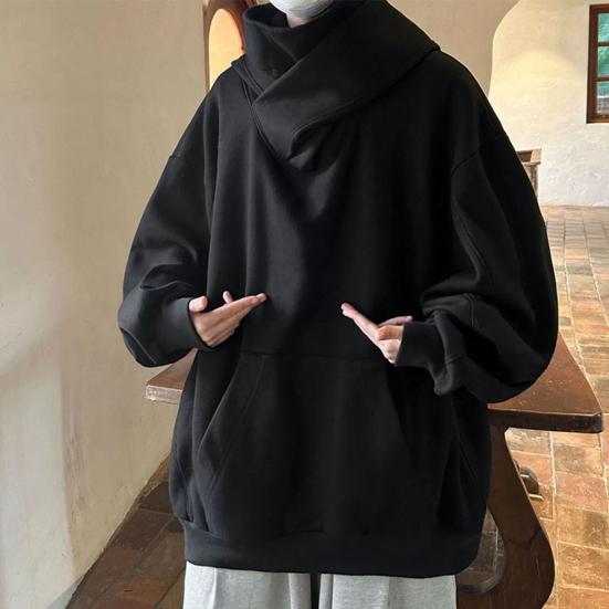 Fall Winter Men Hoodie Oversize Hooded Long Sleeves Pure Color Hip Hop High Collar Big Patch Pocket Elastic Cuff Mid Length Warm Top