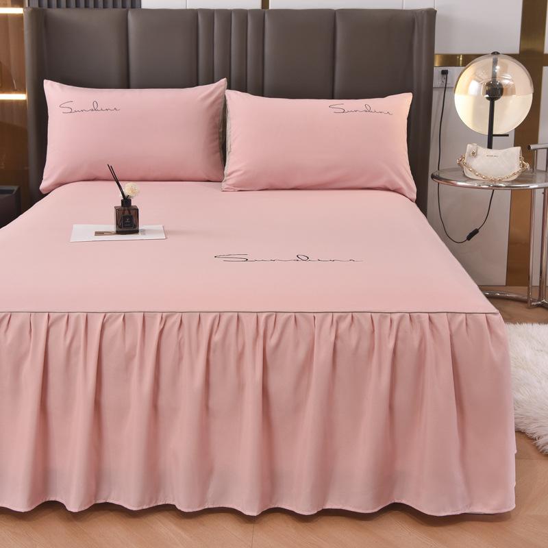 Solid Color New Light Luxury Simple Embroidered Single Bed Skirt Bed Sheet Non-slip Bedspread Four Seasons Princess Style Single Piece