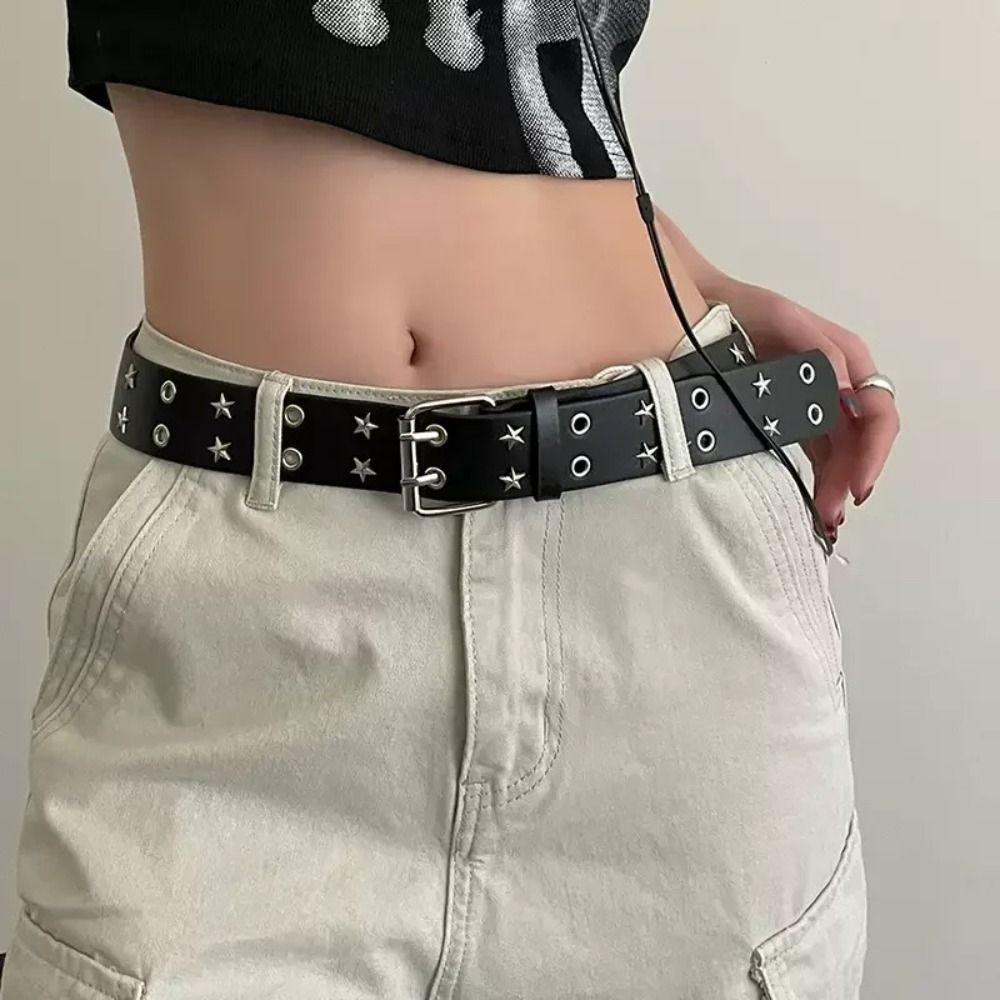 Gothic Double Row Buckle Waistband Metal Men Belt Trend Star Rivet Belt Jeans Accessories