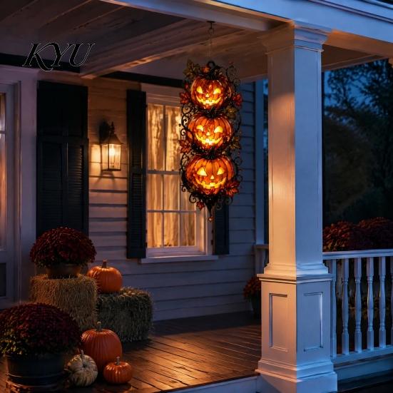 Spooky Theme House Decor Halloween Triple Stacked Jack-o'-Lantern Door Hanger, 2D Pumpkin Wall Hanging Ornament, Souvenir Party Favors Fall Porch for
