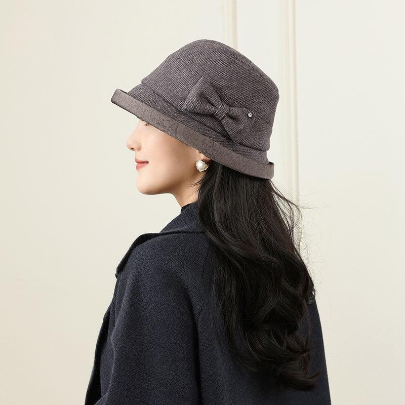 Temperament Fine Plaid Bow Bucket Hat Women's Autumn and Winter Versatile Face Small Elegant Woolen Basin Hat