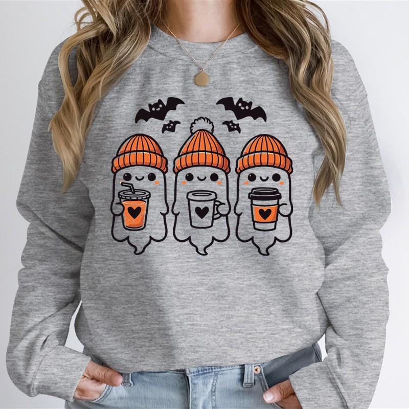 Halloween Ghost Coffee Print Round Neck Hoodie - Comfortable & Stylish Fit