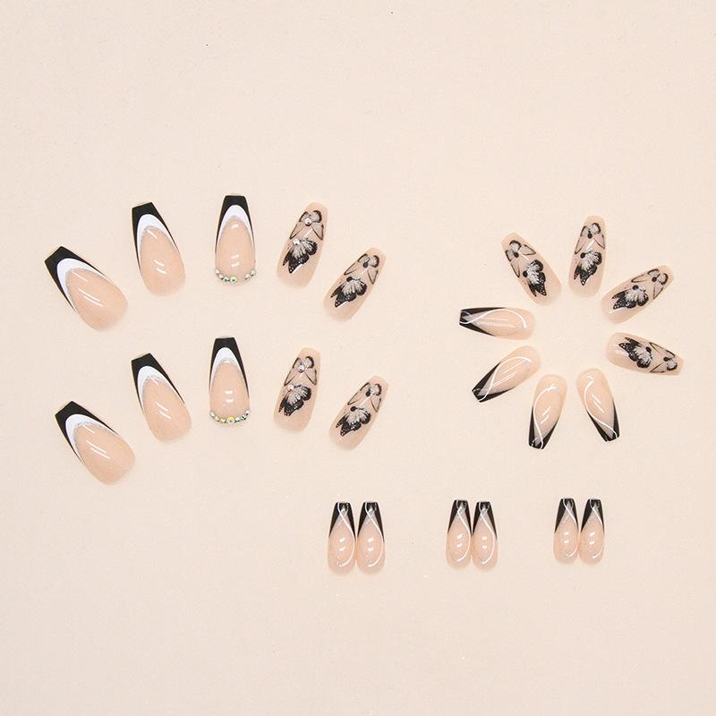 Artificial Nails Dark Sweet Cool Butterfly Wear Nail Simple French Nail Art Medium Long Diamond Style False Nail Black and White Color Matching Nail