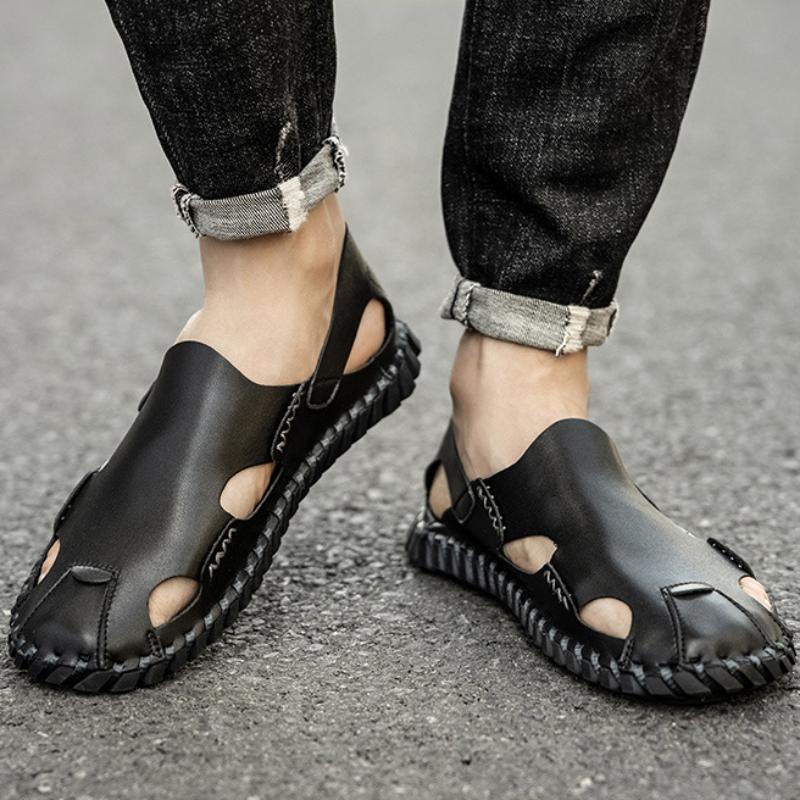 Модные мужские сандалии, летние полые мужские повседневные туфли, мягкие сандалии Baotou с мягкой строчкой, модные кожаные сандалии, нескользящая пляжная обувь для мужчин
