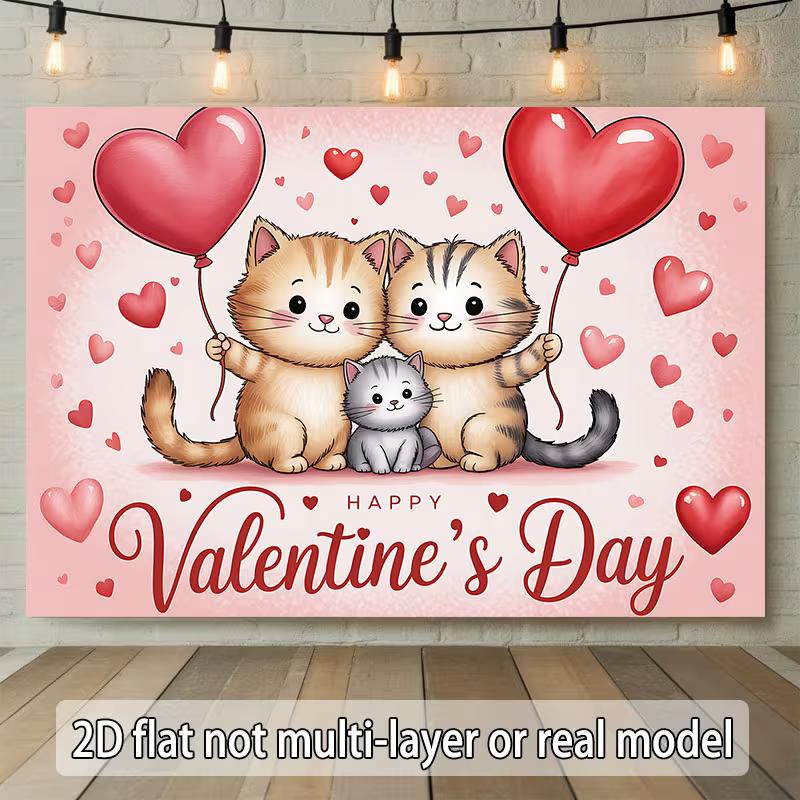 2D Pink Valentine Cat Backdrop, Three Kittens & Red Hearts Background Cloth