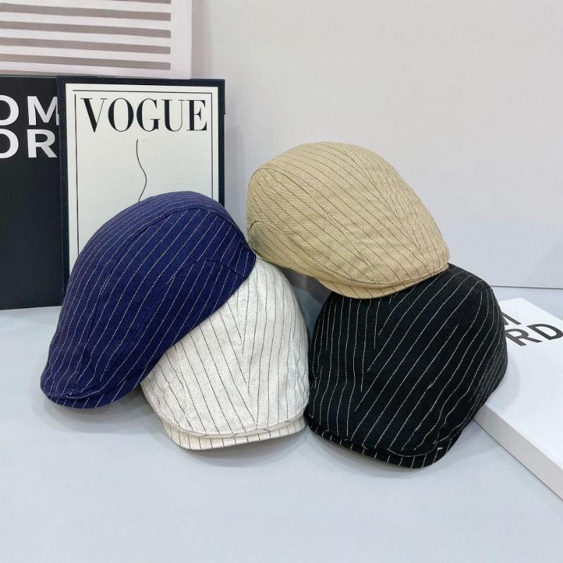 Striped Retro Forward Hat Female Vintage Spice Girl Wind Big Head Circumference Duckbill Hat British Spring Summer Beret Male