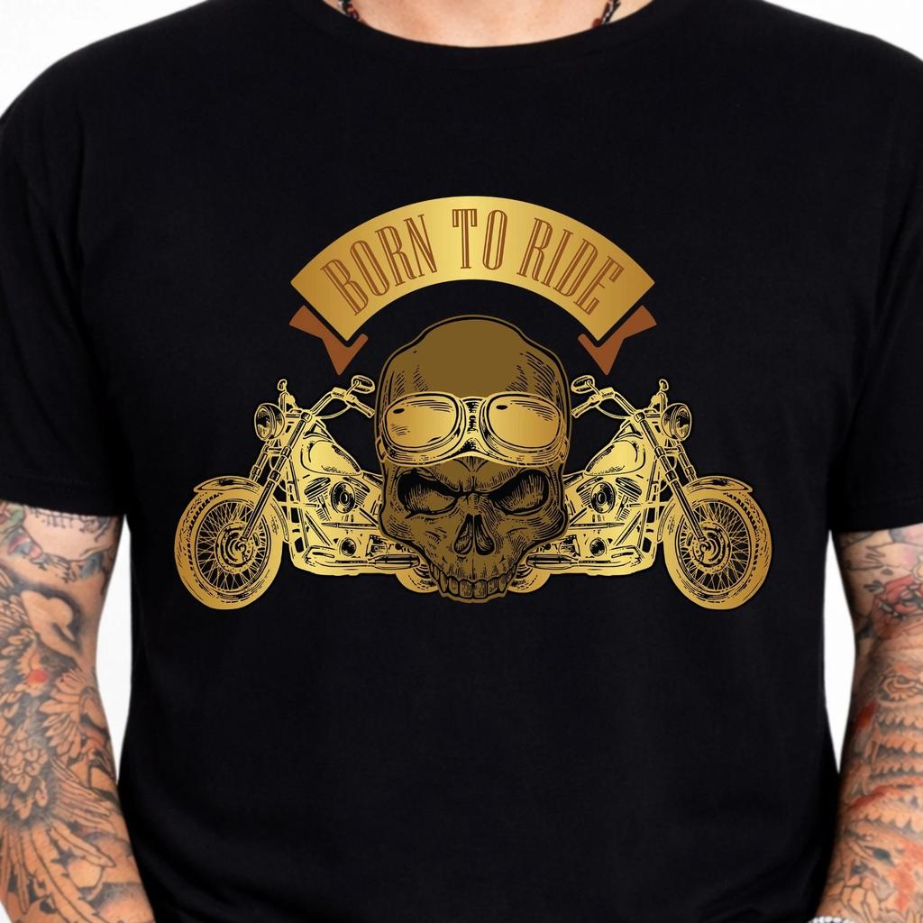 Born To Ride Biker Skull Goggles Gold Chopper Motorcycle Graphic T-Shirt.