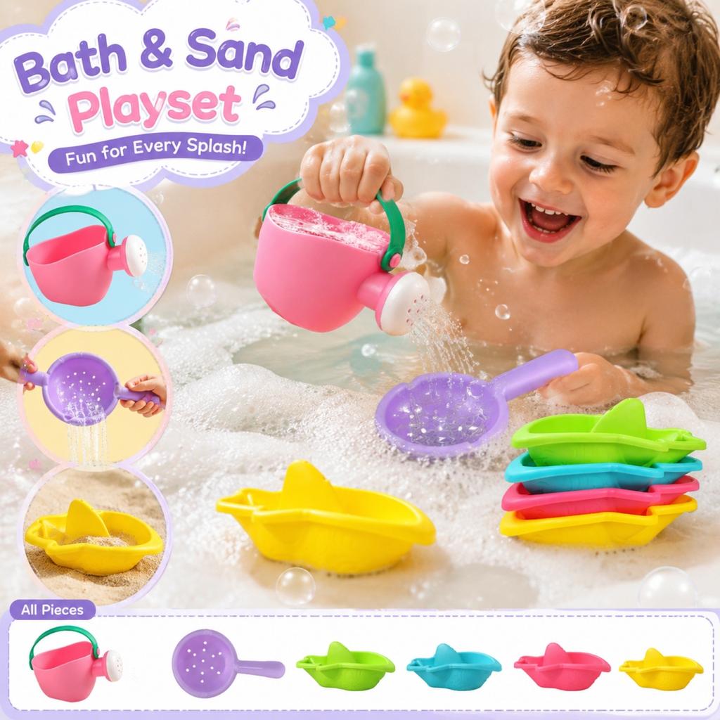 6pc Bath Toys Set Plastic Floating Boats Watering Can and Strainer for Kids Bath Time Play and Water Activities