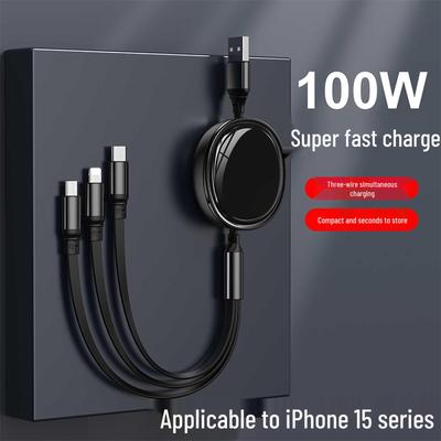 Выдвижной круглый кабель 3-в-1 для быстрой зарядки 100 Вт для Apple, Type-C и других устройств