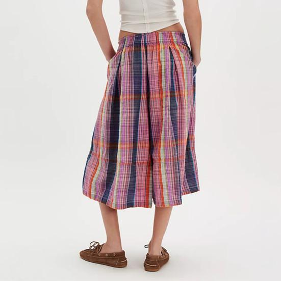 Women's Summer Boho Plaid Culotte Pants Casual Wide Leg Palazzo Trousers Baggy Cropped Gingham Capris Pants with Pockets