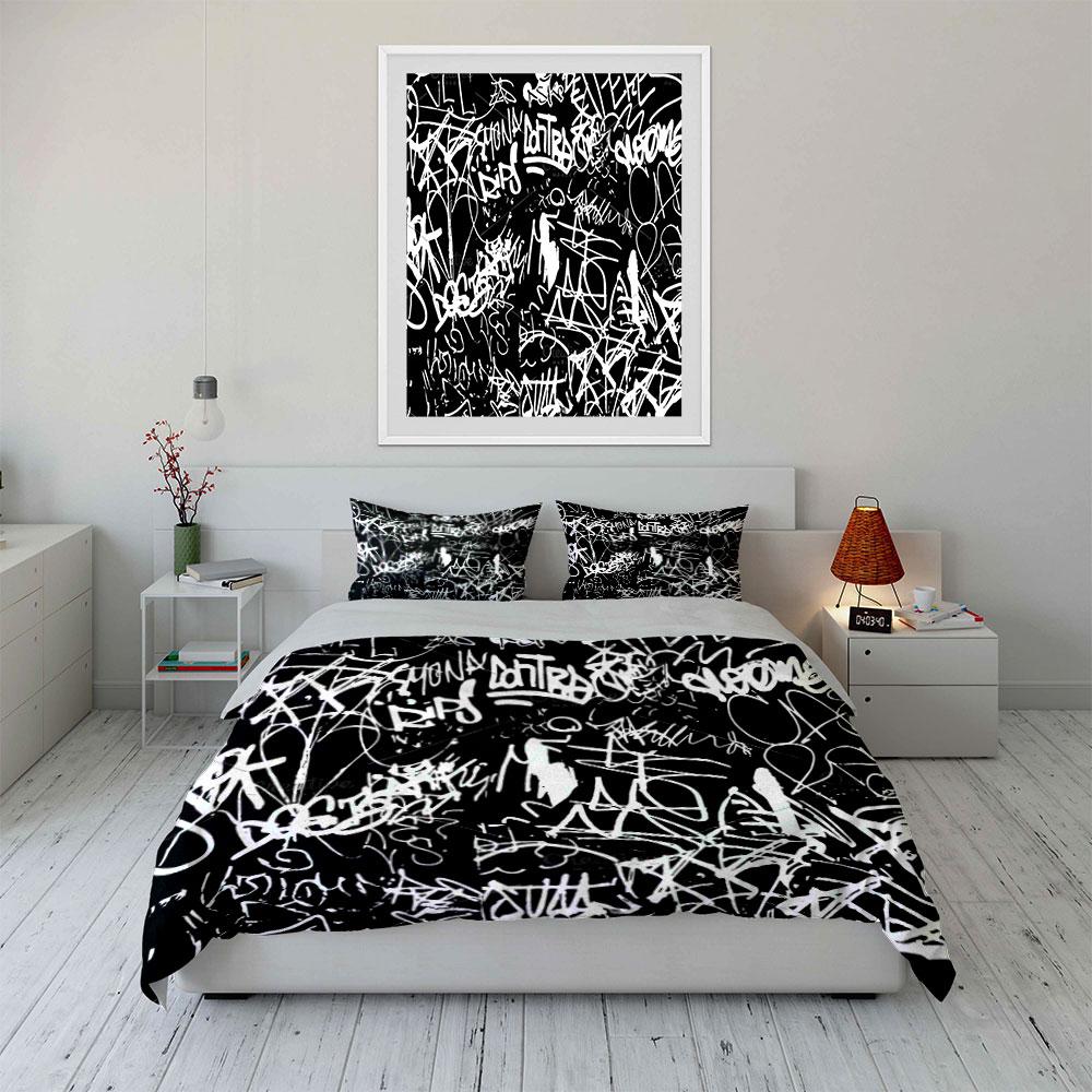 3Pcs Black and White Graffiti Bedding Set, Urban Street Art Pattern Duvet Cover + 2 Pillowcases Single Double King Queen, Gift