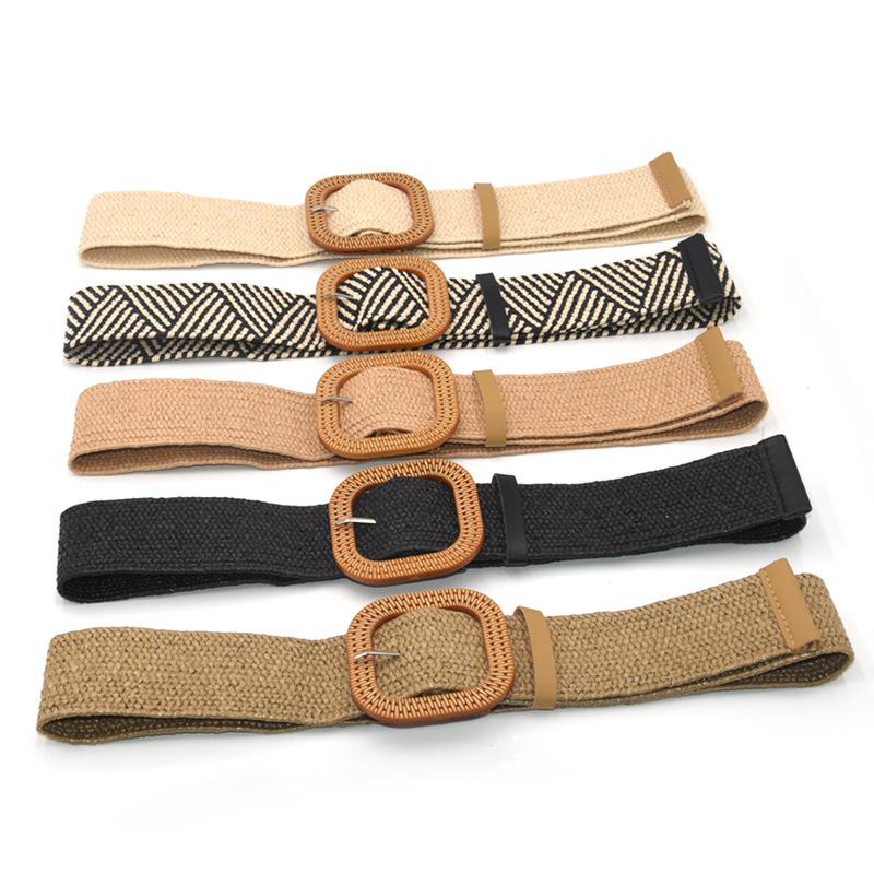 Летний женский эластичный плетеный ремень с квадратной пряжкой, винтажный соломенный ремень в стиле бохо, платье, ремень