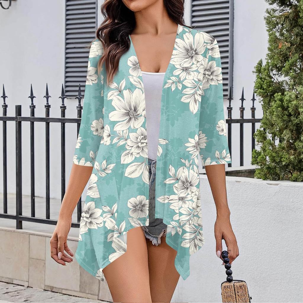 Women's Print Irregular Three-quarter Sleeve Cardigan With Pocket Jacket