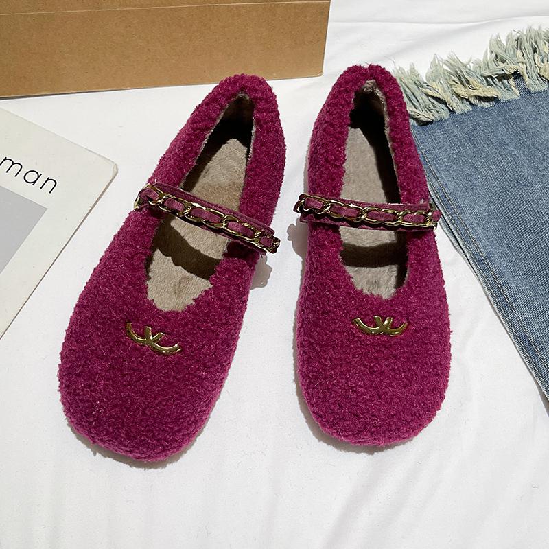 Fashion Aphixta Metal Chain Dec Slip On Flats Soft Fleeces Shoe Shallow Furry Flat With Women Loafers Slip On Warm Winter Casual Shoes
