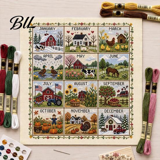 Handcrafted Home Wall Hanging 12-Month Cross Stitch Kit, DIY Four Seasons Embroidery Seasonal Easy Pattern for Novice Stamped Stitching Craft