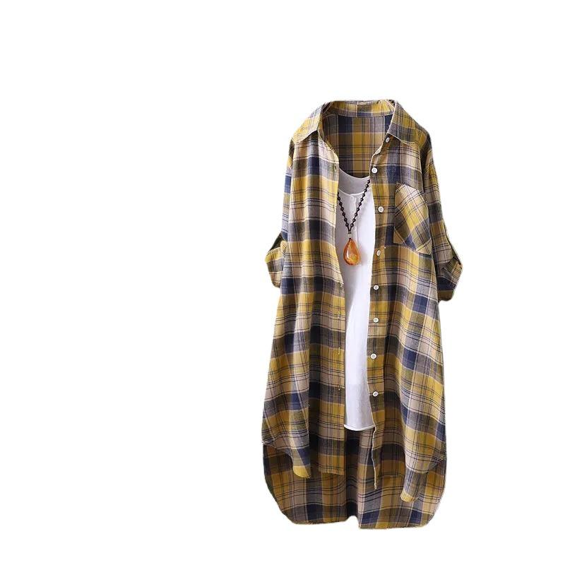Женская литературная клетчатая рубашка средней длины, весна/осень 2025, с длинным рукавом, универсальная свободная посадка