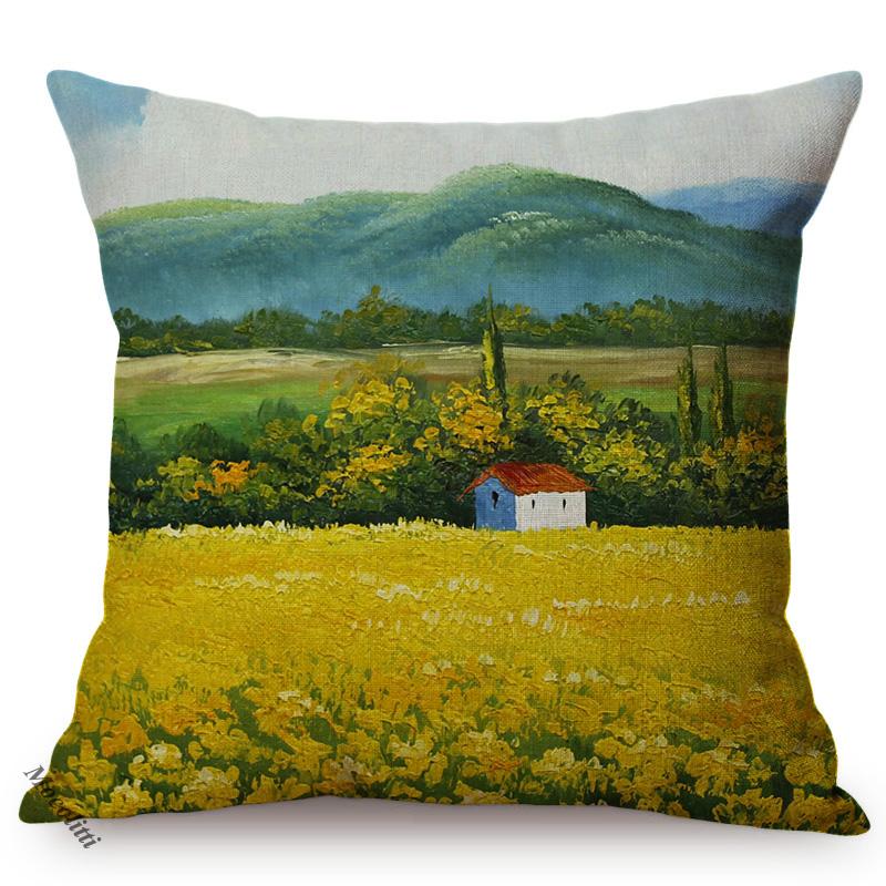 Nordic Rural Landscape Oil Painting Art Sofa Decoration Cushion Cover Rivers Scenery Style Car Chair Throw Pillow Case Cojines