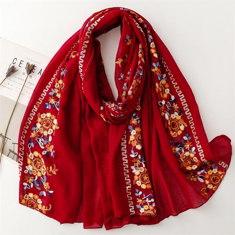 Ethnic Embroidery Cotton Blend Scarf - Soft, Warm, Curled Edge, Travel Sunscreen Shawl for Women