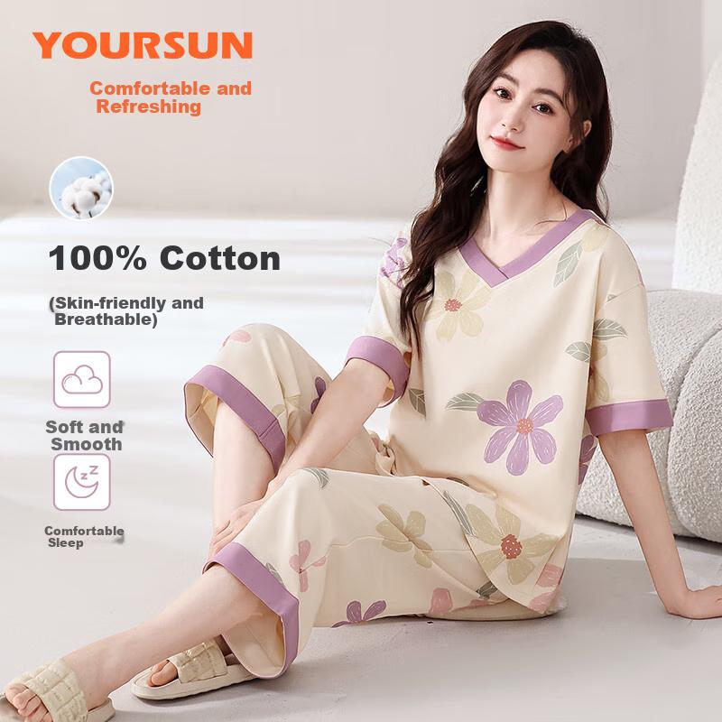 Yiershuang [100% Pure Cotton] Women's Pajamas, Summer V-Neck Short-Sleeve Pullover Loungewear, Women's Day Gift