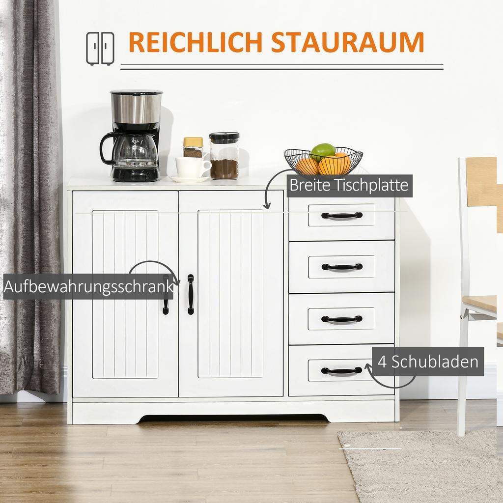 Sideboard Chest of Drawers Buffet Cabinet, Modern Style, 4 Drawers, 1 Cabinet, 105 cm x 40 cm x 76 cm, White