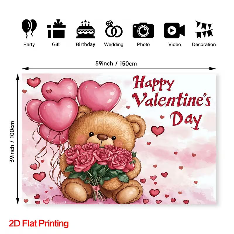 2D Cute Teddy Bear Valentine Backdrop, Galentine's Party & Kids' Banner