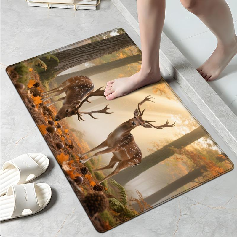 Autumn Forest Wildlife Deer Doormat, Nature Scene Welcome Rug, Entry Floor Mat for Front Door Porch Indoor Outdoor Decor