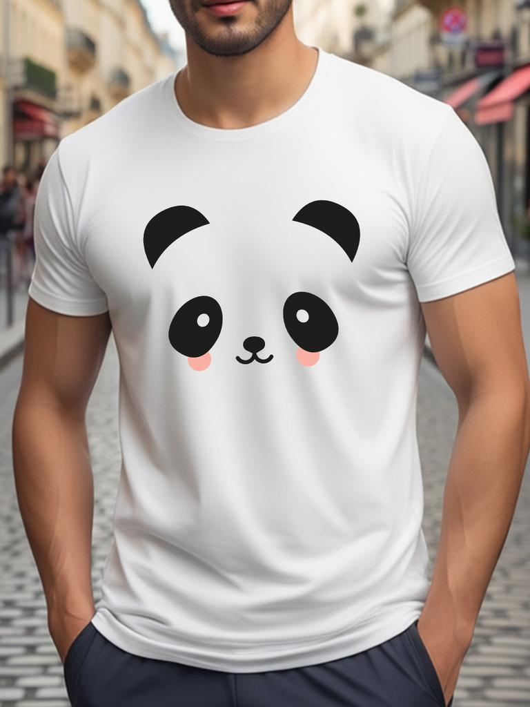 White Short Sleeve Cute Panda Face Print T-Shirt with Round Neck and Comfortable Fabric for Cas