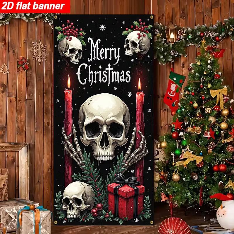 2D Dark Merry Christmas Skull Door Banner, Spooky Gothic Holiday Backdrop