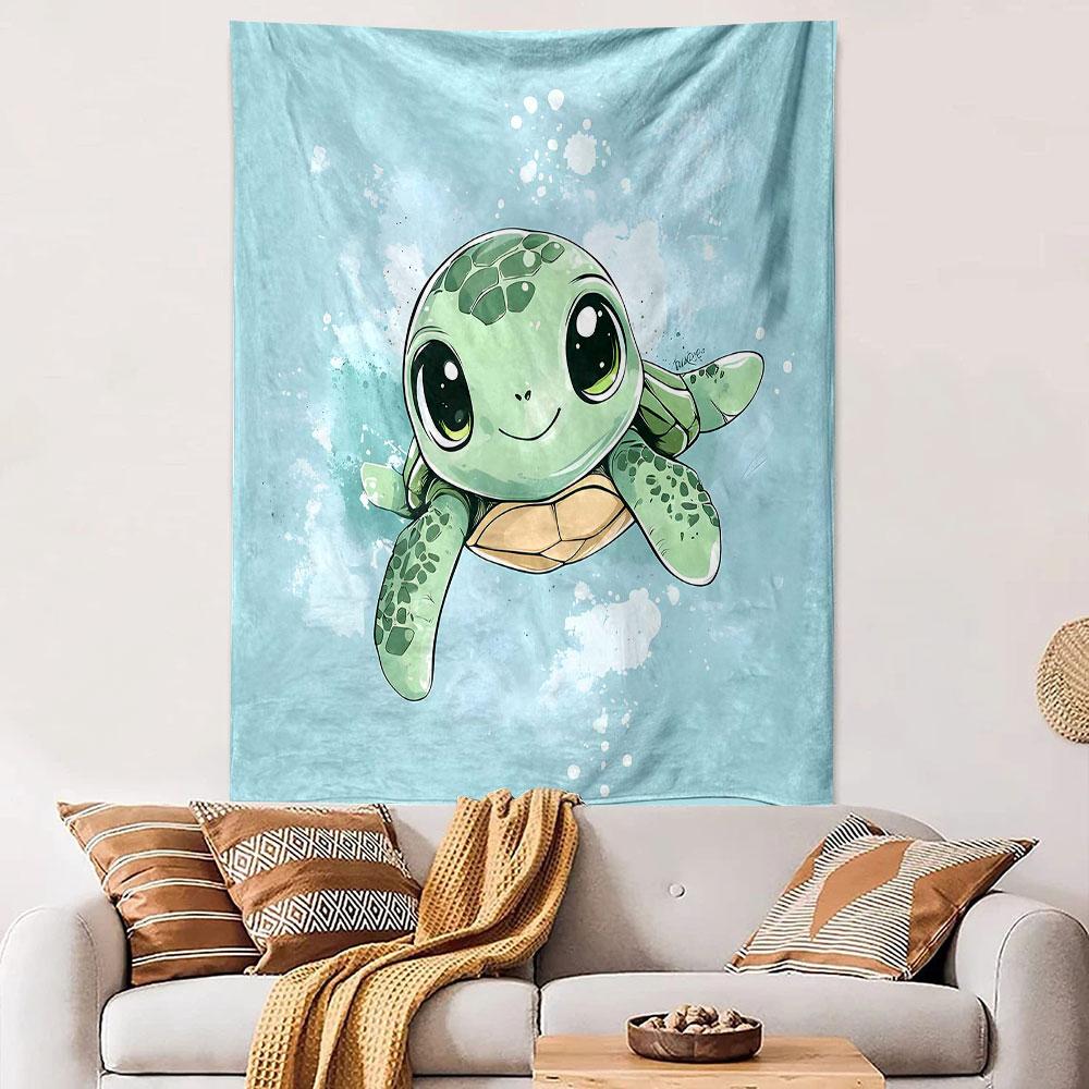Cute Cartoon Sea Turtle Illustration Patterned Tapestry Decorative Wall Hanging, Home Bedroom Living Room Decor
