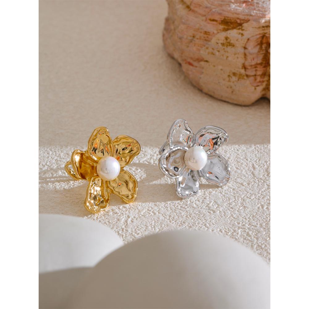 Yhpup Stainless Steel Flower Open Adjustable Ring Elegant Chic Finger Jewelry Imitation Pearls Women Trendy Accessories Ring