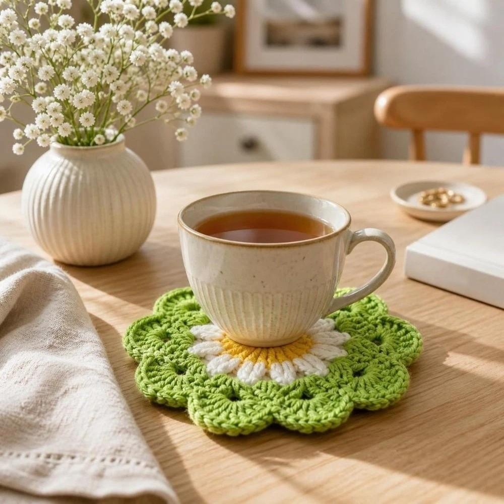 Handmade Crochet Flower Coasters Heat Resistant Mug Mat Creative Trivet Mats Coffee Cup Use
