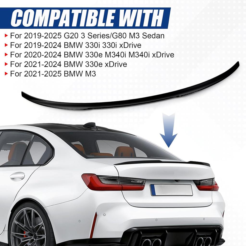 Задний спойлер для BMW G20 & G80 M3 330i 330e M340i 2019-2025, Крыло на багажник автомобиля, Глянцевый черный, Лип-спойлер на крышку багажника в стиле M3.