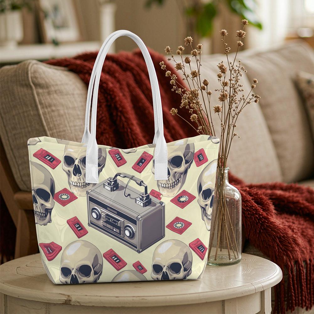 Trendy Skull Cassette Retro Radio Pattern Tote Bag Daily Use Portable Shoulder Bag