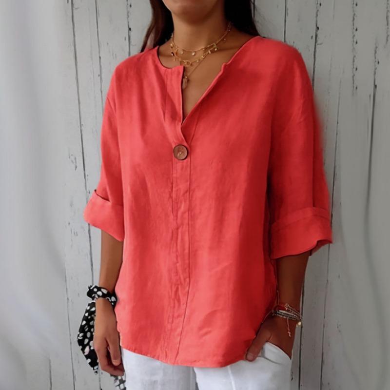 VEZFAA Women's Fashion Casual Summer Spring Solid Color Print 3/4 Sleeves V-Neck Blouses & Shirts