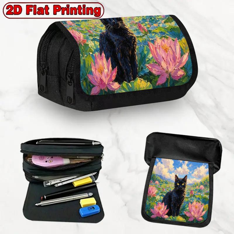 2D Flat Printing 1pc Impressionist Cat Lotus Farm Design Double Layer Flip Pencil Case - Multi-Layer Flip Cover Design, Storage Bag, Zipper Closure, S