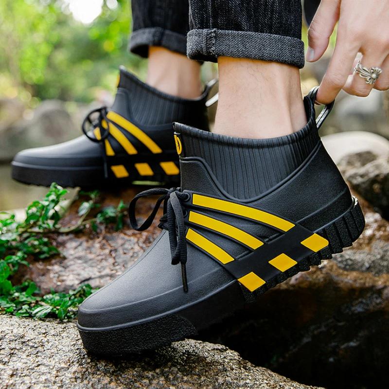 Водонепроницаемые резиновые сапоги для мужчин, повседневные туфли на плоской подошве, резиновые туфли до щиколотки, рабочие защитные галоши, резиновые сапоги для рыбалки, кухонная обувь