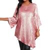 Women Tops Round Neck Ninth Length Sleeve Mid-length Blouse Sparkling Irregular Hem Loose Fit Tee Shirt Daily Wear
