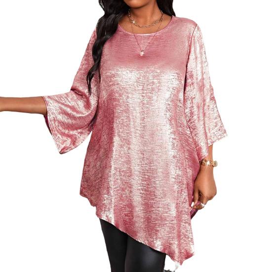 Women Tops Round Neck Ninth Length Sleeve Mid-length Blouse Sparkling Irregular Hem Loose Fit Tee Shirt Daily Wear