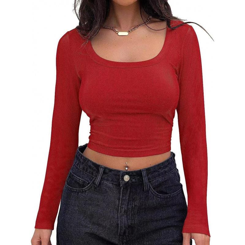 Spring women's tops slim fit short long sleeve square neck T-shirt for hot girls casual and versatile