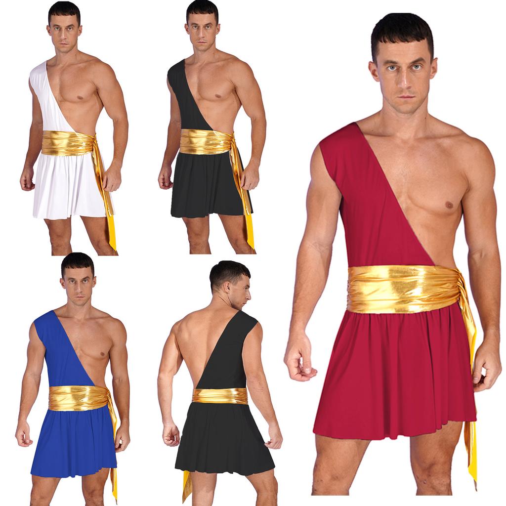 Mens One Shoulder Ruffle Dress Metallic Ruched Belt Ancient Greek Costume Halloween Stage Performance Outfit