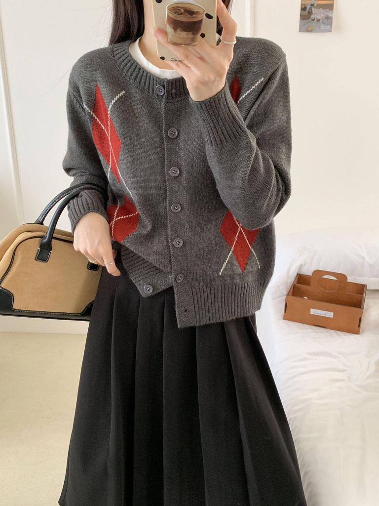 Женский кардиган из мериносовой шерсти с узором аргайл - Сексуальный свитер с круглым вырезом для осени/зимы
