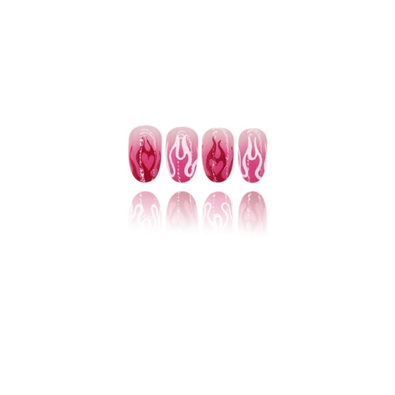 24pcs Short Press On Nail With Heart Flame Designs Acrylic False nail For Women And Girls Easy To Apply And Remove